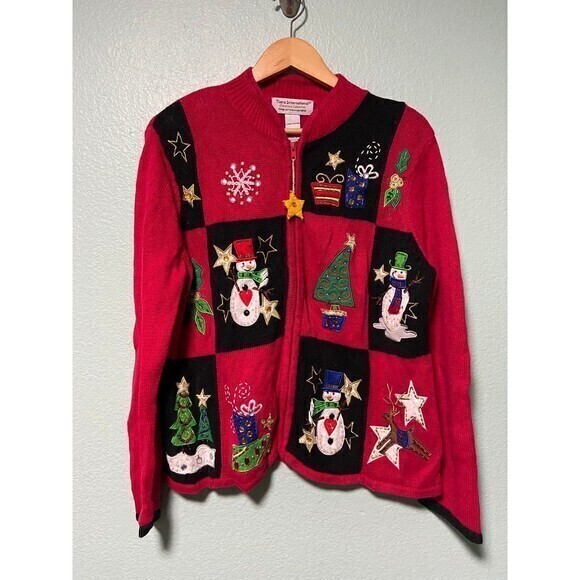 Vintage Tiara International Women's Red‎ Holiday Snowman Sweater Zip Up Large - Picture 1 of 9